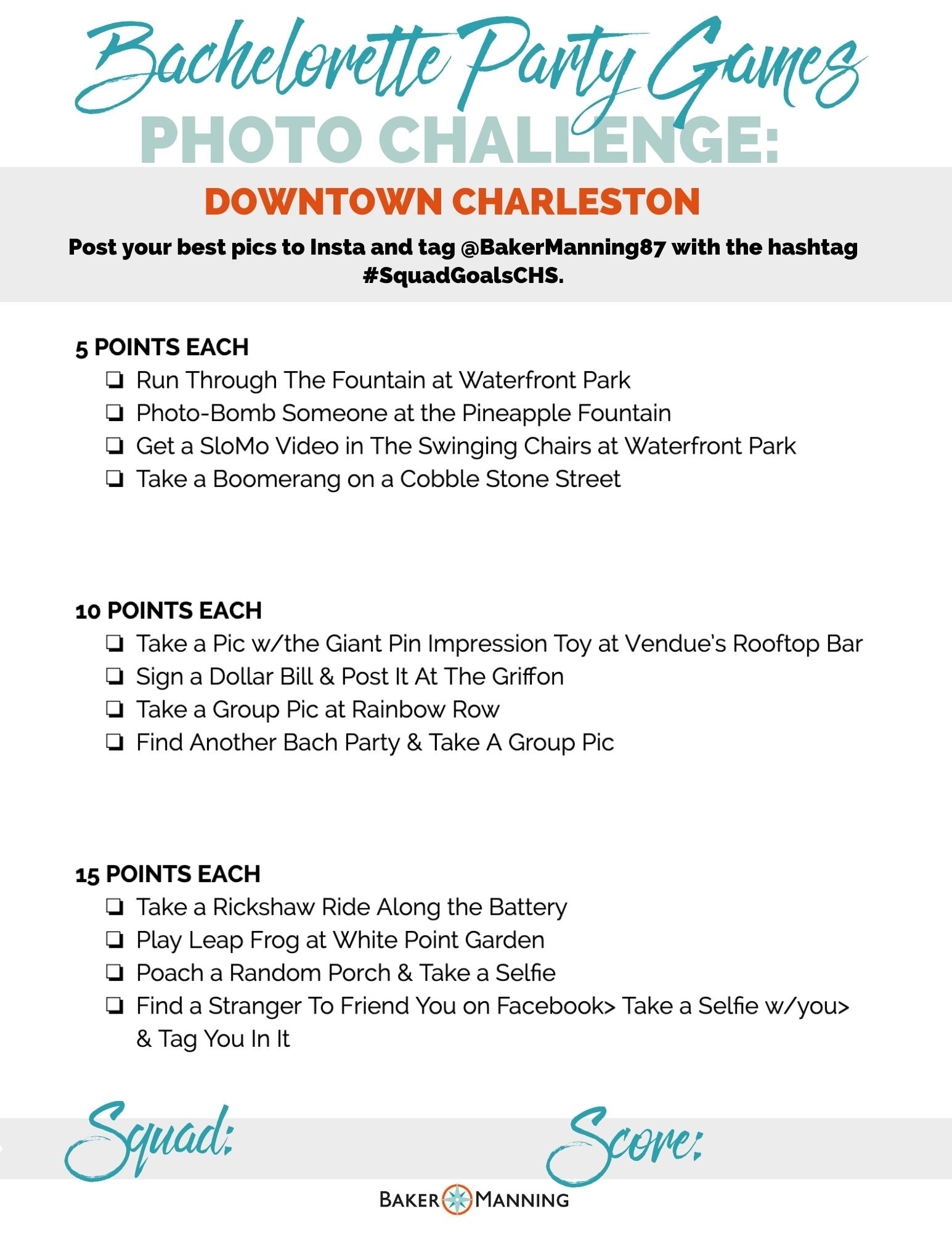 bach bundle downtown photo challenge Charleston bachelorette party games, downtown charleston sc things to do.