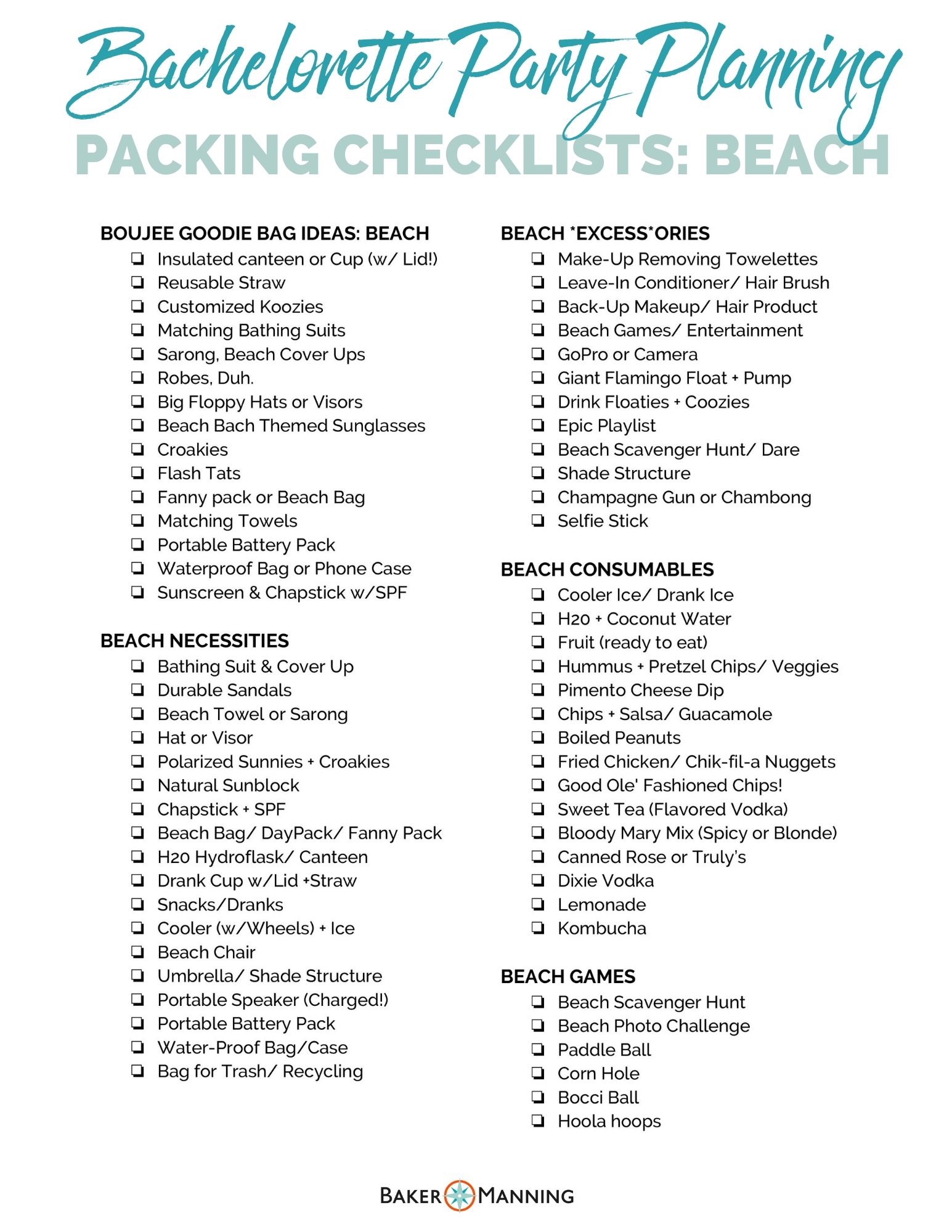 packing checklist fora  bachelorette party at the beach