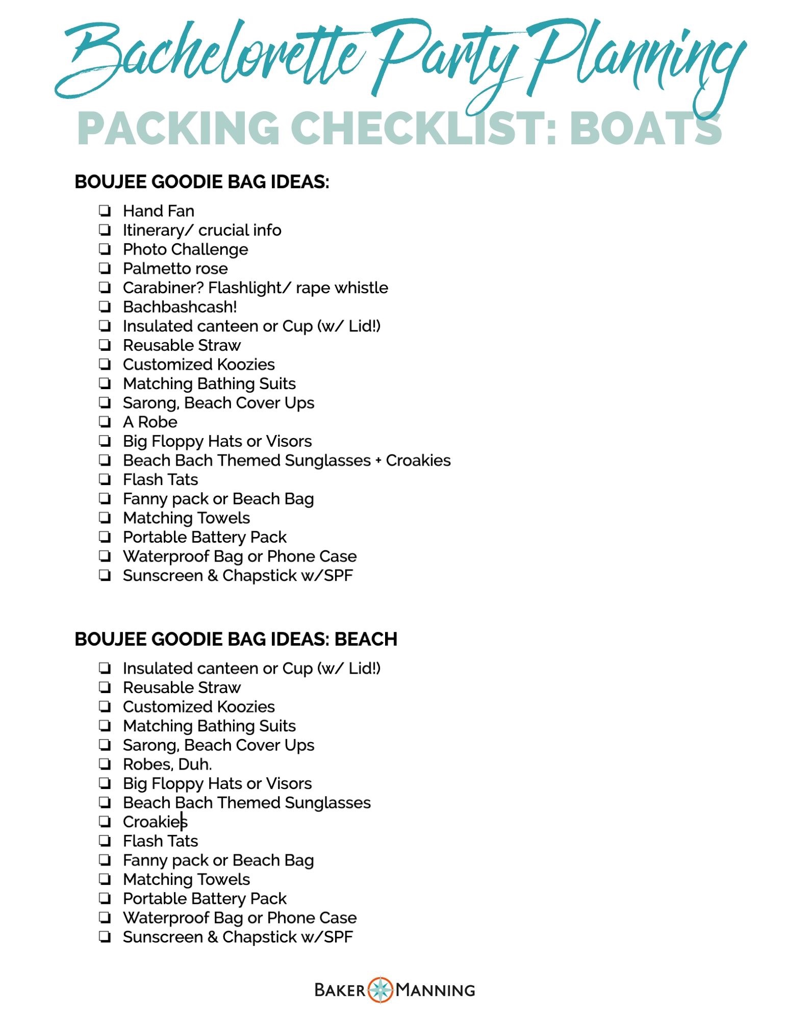 packing checklist for a bachelorette party