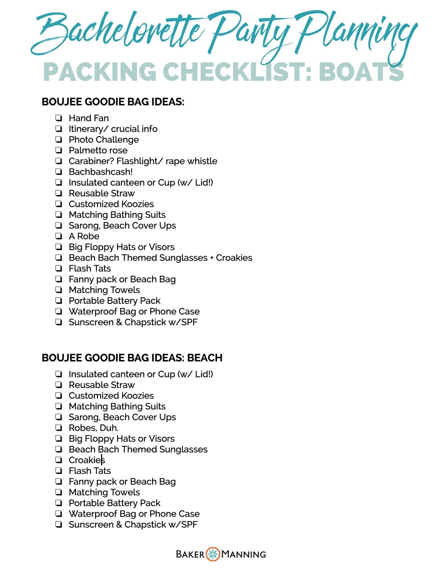 packing checklist for a bachelorette party
