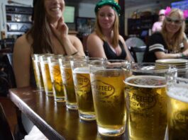 bachelorette party at a Charleston Bar waiting on a round of drinks.